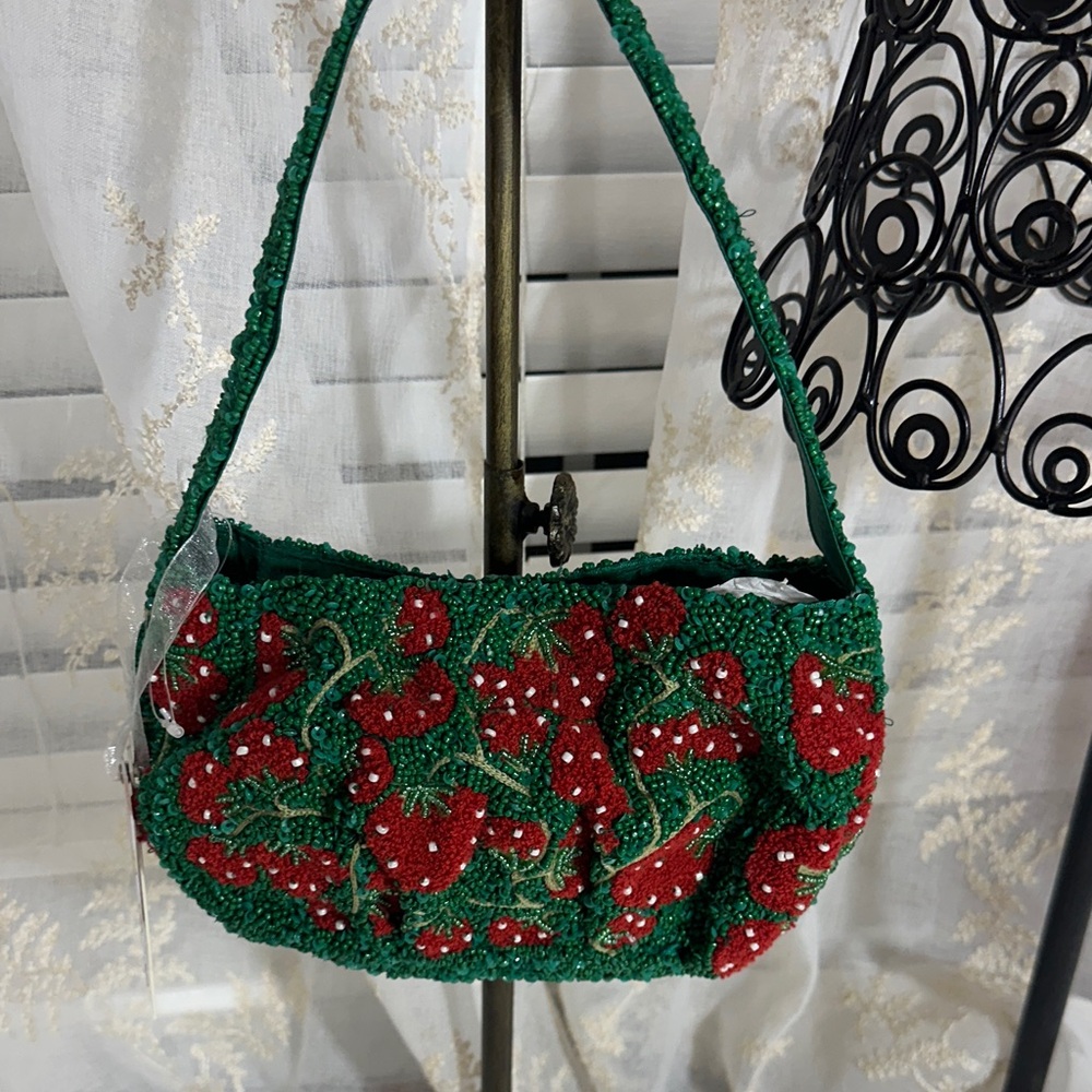 Made in India green beaded with embroidered strawberries shoulder bag